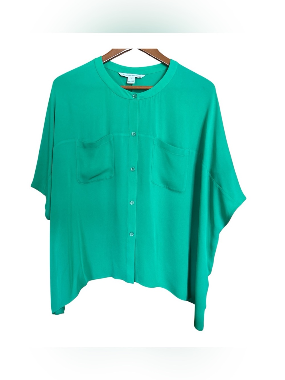Diane Von Furstenberg Green Button-Front Blouse Womans Small Oversized 100% Silk